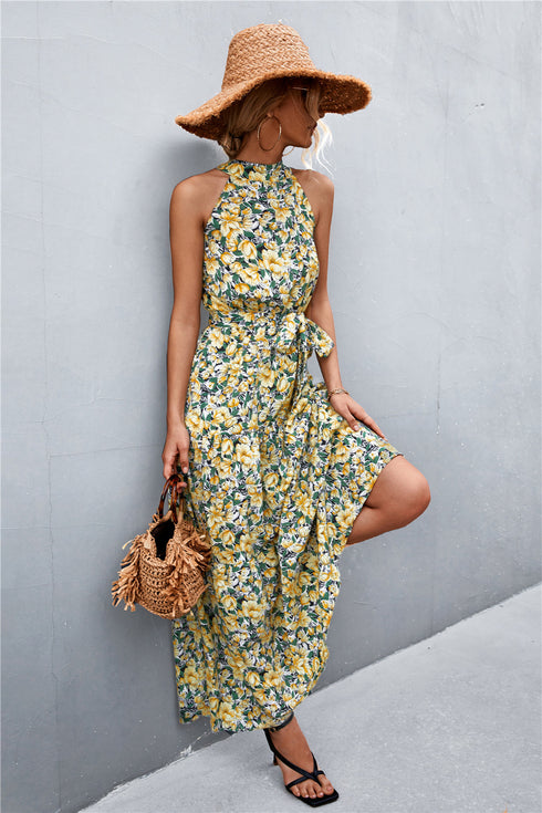 printed-sleeveless-tie-waist-maxi-dress Sophia's Trends - Sophia's Style-Orange/Floral-M
